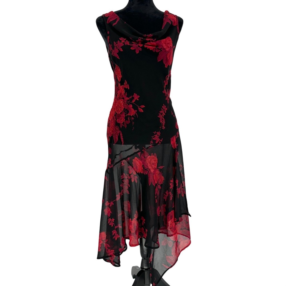 VTG Y2K Connected Sheer Black Slip Dress Asymmetrical Beaded Goth Whimsigoth M